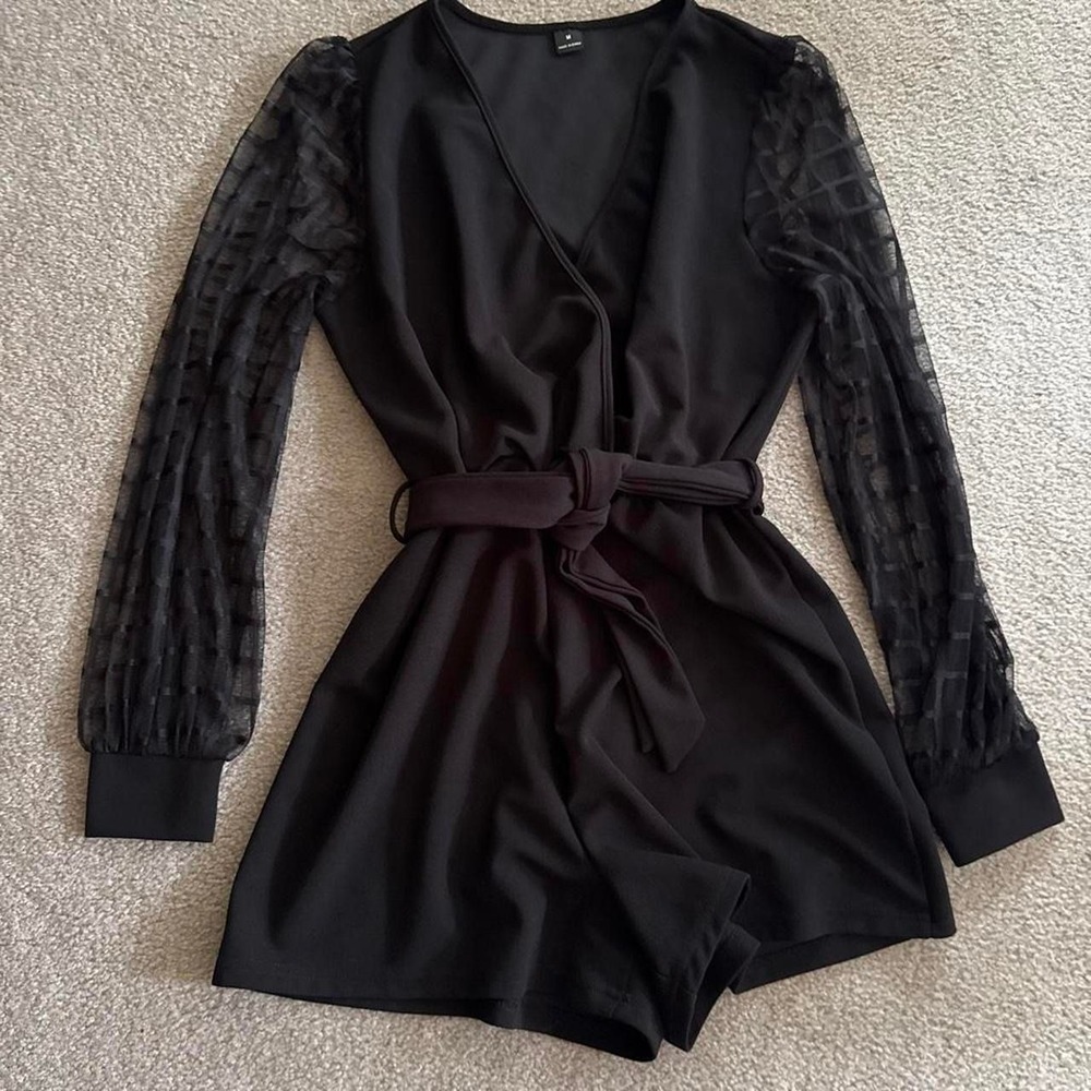Black long sleeve romper, lace/mesh sleeves and tie waist